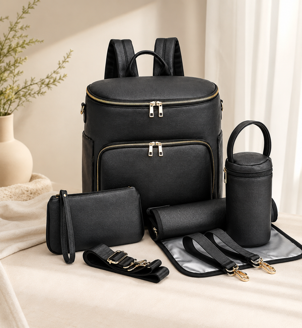 4 in 1 Black PU Diaper Bag